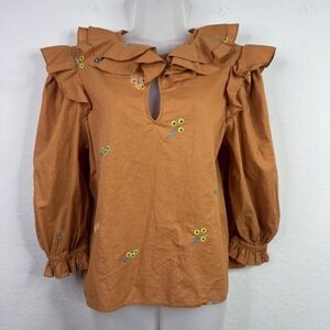 Something Navy Shirt Womens M Rust Brown Floral Ruffle Embroidered Boho Cottage